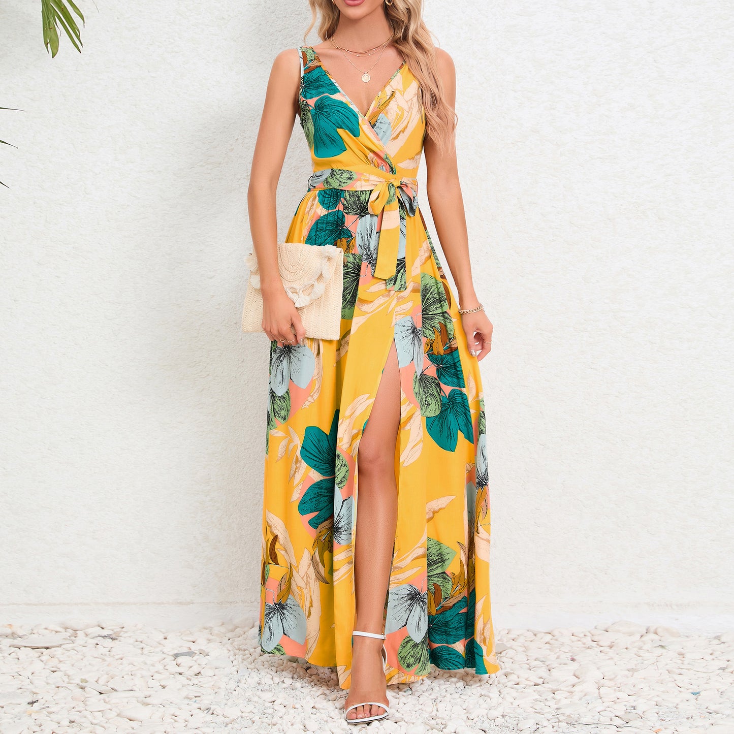 V-Neck Floral Print Long Dress Summer Fashion Waist Tie Slit Design Sleeveless Dress for Womens Clothing