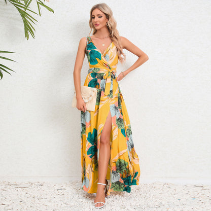 V-Neck Floral Print Long Dress Summer Fashion Waist Tie Slit Design Sleeveless Dress for Womens Clothing