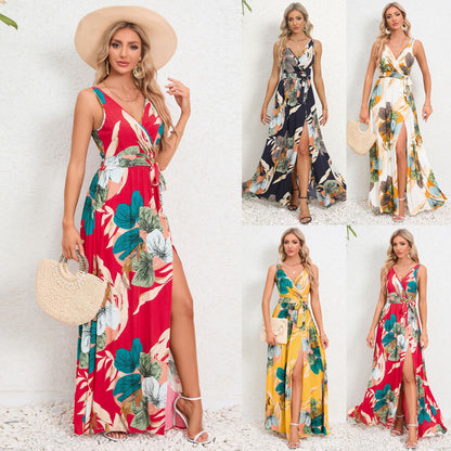 V-Neck Floral Print Long Dress Summer Fashion Waist Tie Slit Design Sleeveless Dress for Womens Clothing