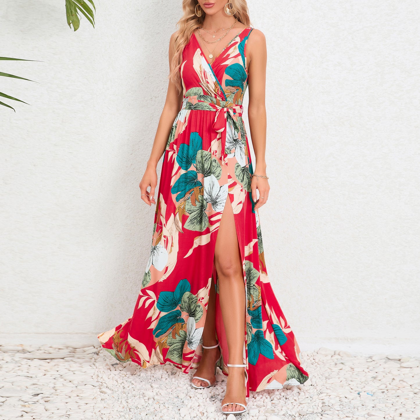 V-Neck Floral Print Long Dress Summer Fashion Waist Tie Slit Design Sleeveless Dress for Womens Clothing