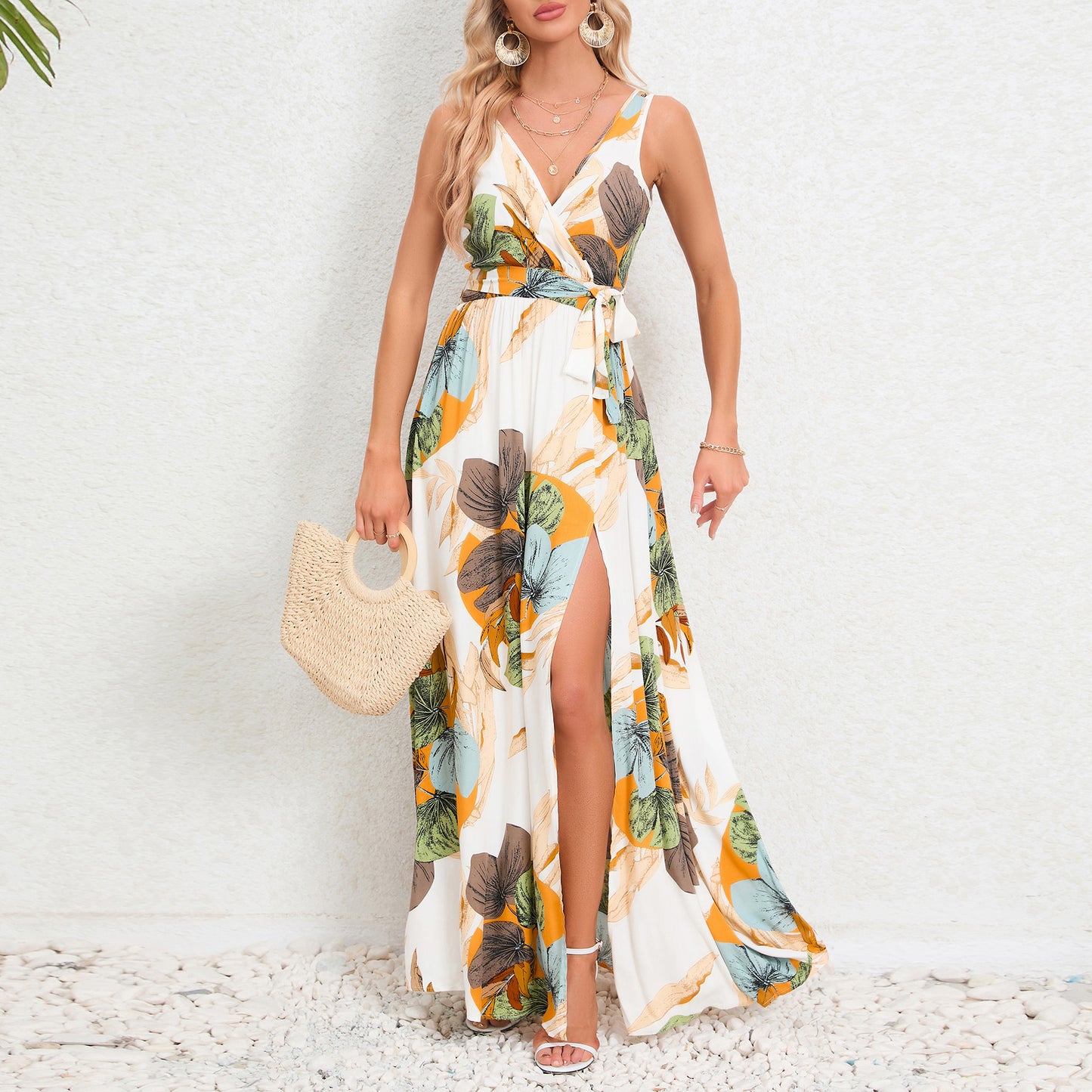 V-Neck Floral Print Long Dress Summer Fashion Waist Tie Slit Design Sleeveless Dress for Womens Clothing